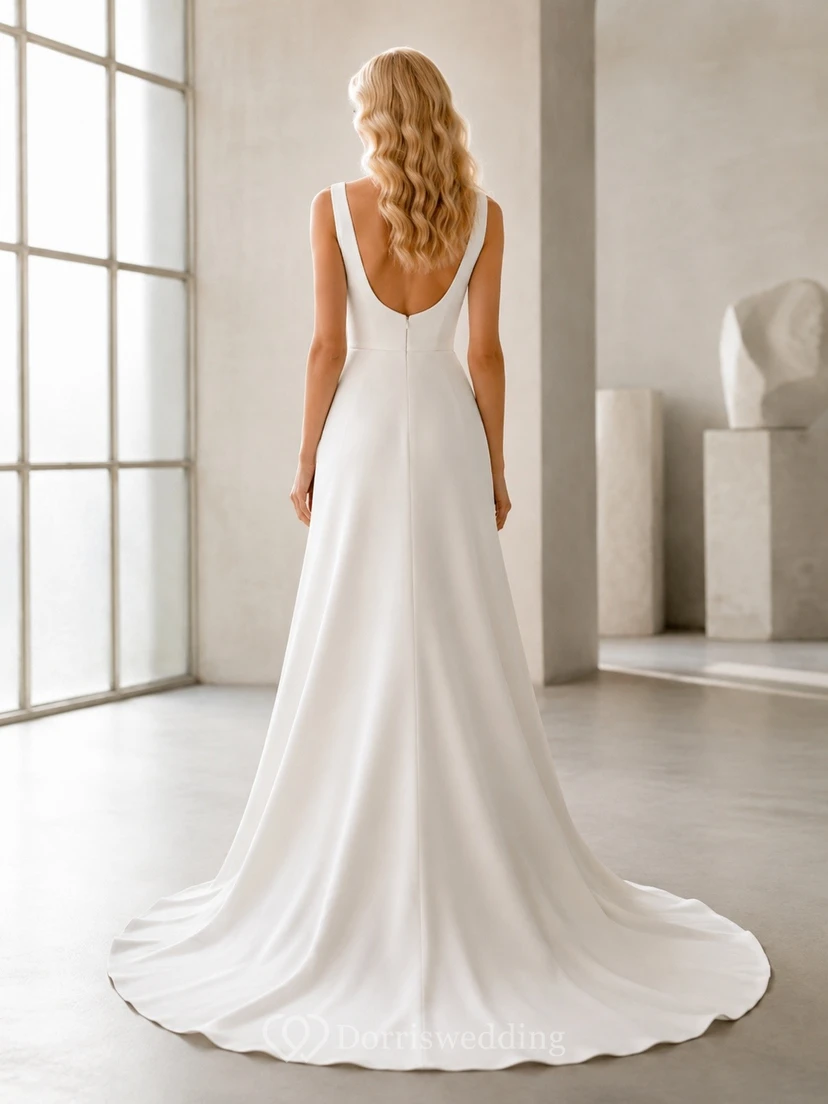 Vestido de novia sencillo y modesto con escote barco, corte A, espalda baja y cola. view 2