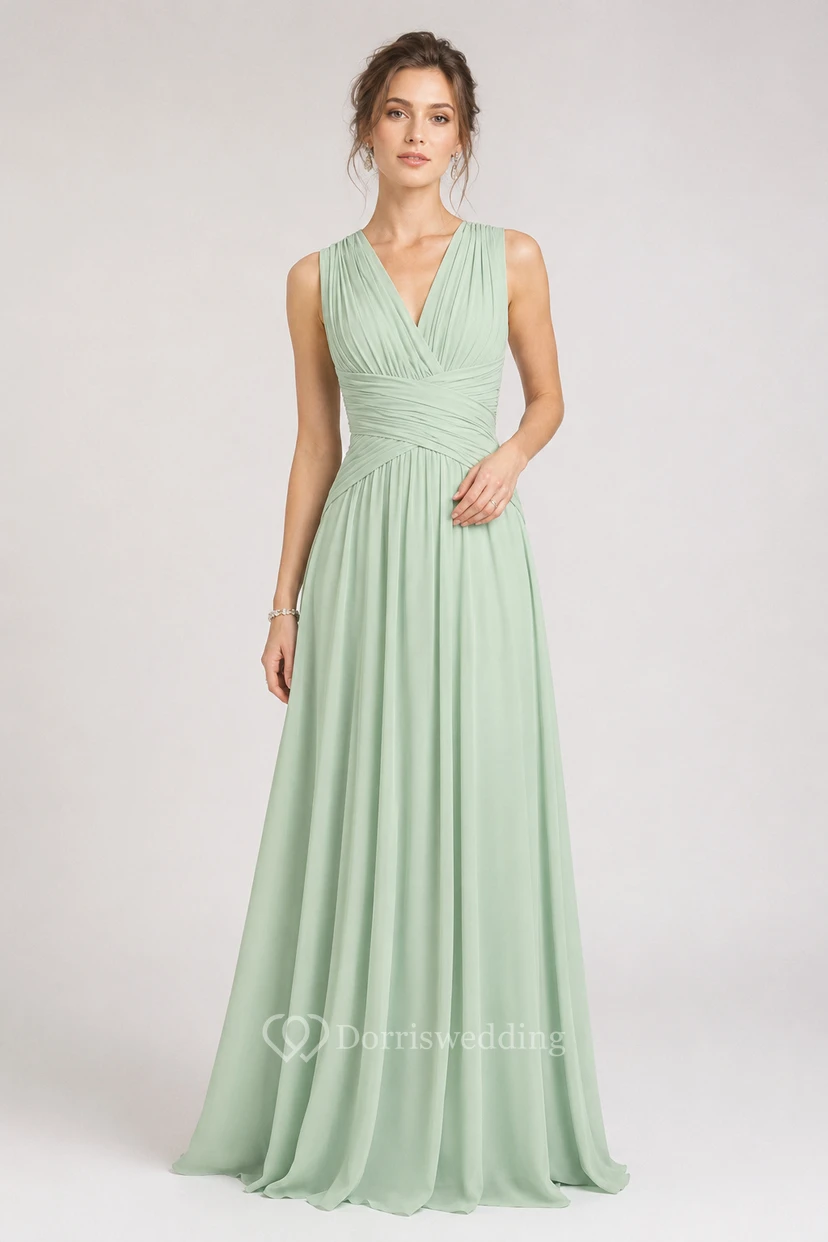 Sleeveless Chiffon V-Neck Dress With Crisscross Ruching view 42