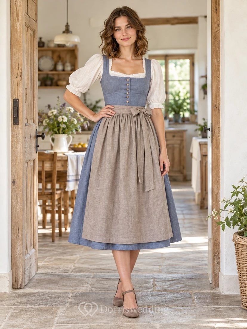Robe Dirndl vintage bleu acier à col carré et manches bouffantes