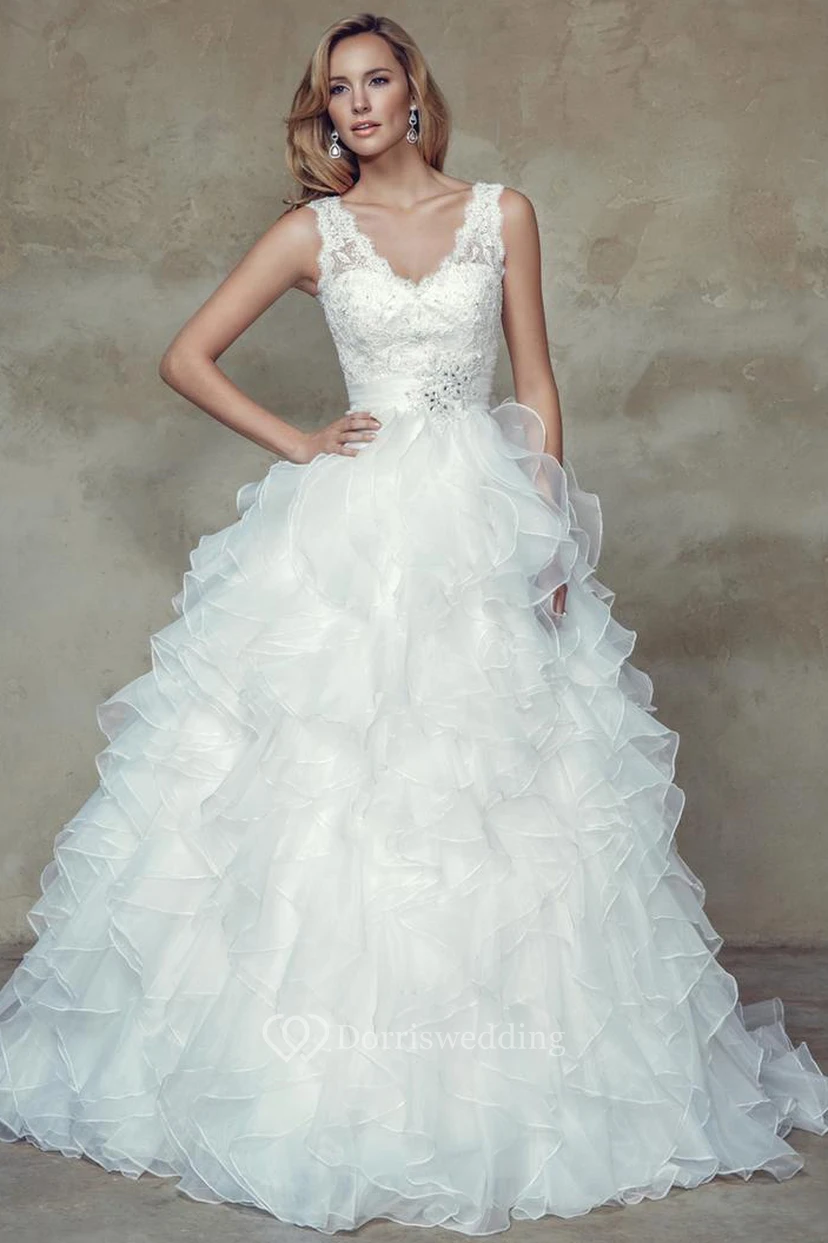 Ball-Gown Floor-Length V-Neck Appliqued Sleeveless Organza Wedding Dress With Cascading Ruffles And Low-V Back