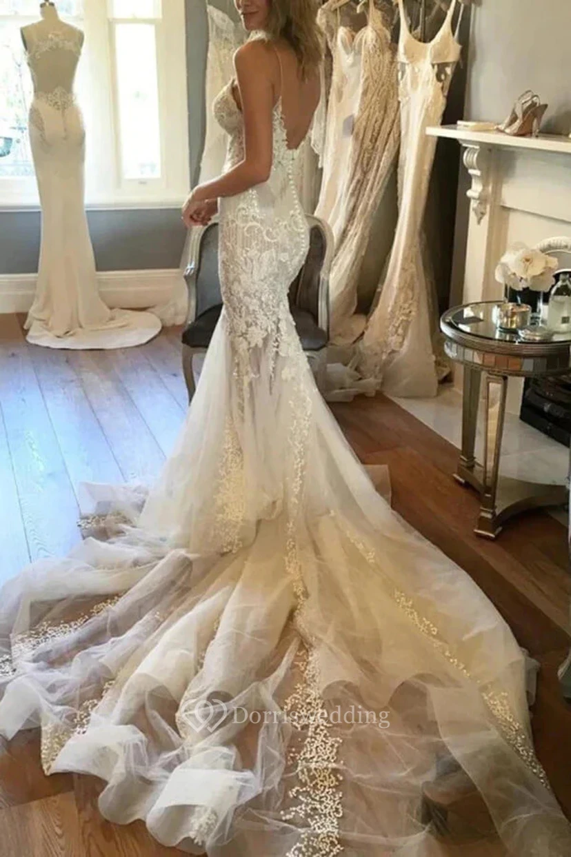 Spaghetti Mermaid Lace Applique Tulle Luxury Illusion Wedding Dress view 2
