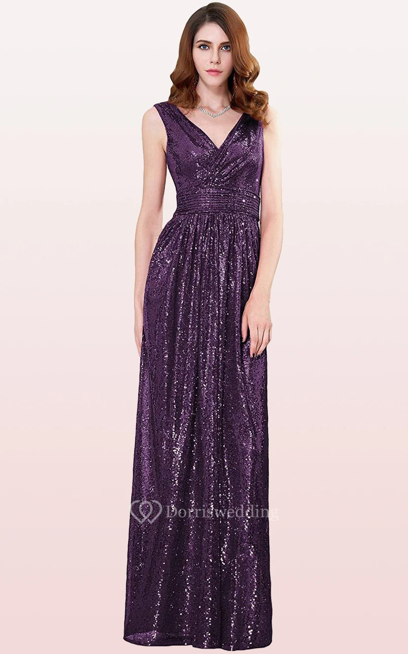 V-neck A Line Sleeveless Floor-length Sequins Bridesmaid Dress With Ruching