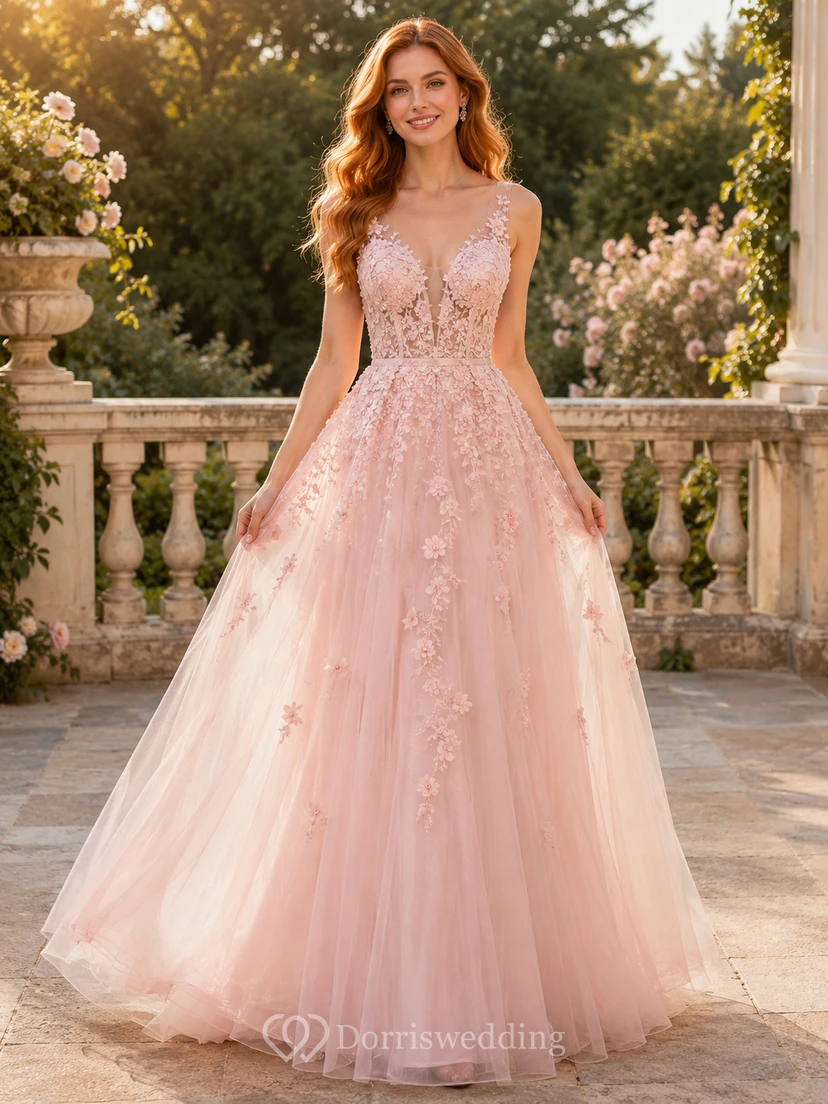 Rosewood Garden Blush A-Linien-Abendkleid aus ärmellosem Tüll in Juwelentönen, bodenlang, romantisch