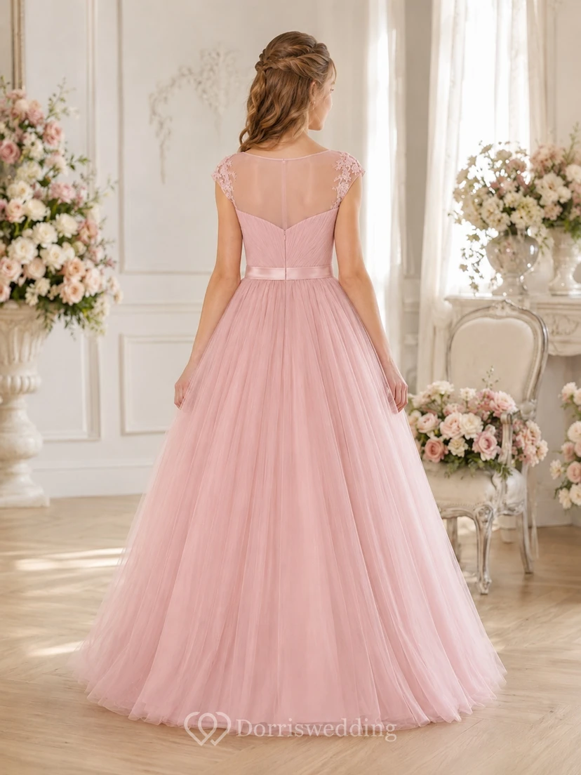 Zartrosa Brautjungfernkleid, Ballkleid mit herzförmigem Ausschnitt, kurzen Ärmeln und Tüllrock view 2