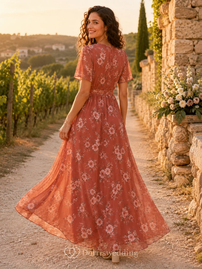 Rust Floral V Neck Flutter Chiffon A Line Country Bridesmaid Dress view 2