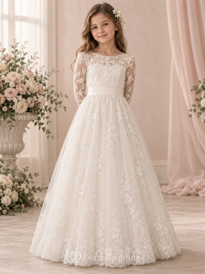 Long Sleeve Ivory Floral Jewel Illusion Floor-length A-Line Lace Scalloped Hem Sash Button Flowergirl Dress