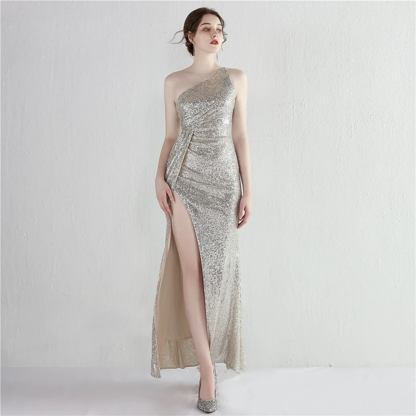 Sequined One-Shoulder Celebrity Cold Banquet Slit Long Sequin Aura Queen Dinner Fishtail Dress view 55