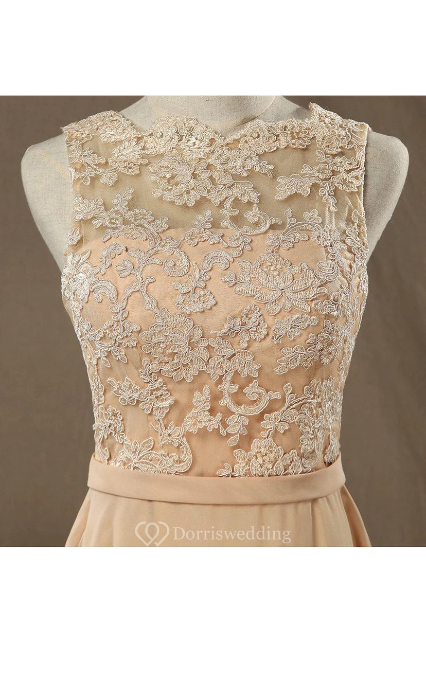 Illusion Lace Bateau Sleeveless A-line Chiffon Long Dress With Open Back view 2