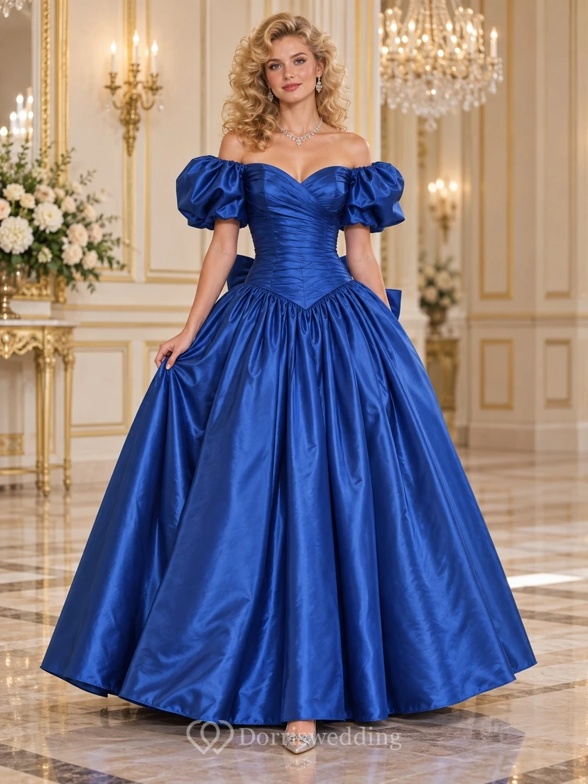 Königsblaues schulterfreies Satin-Abendkleid mit Puffärmeln aus den 1980er Jahren