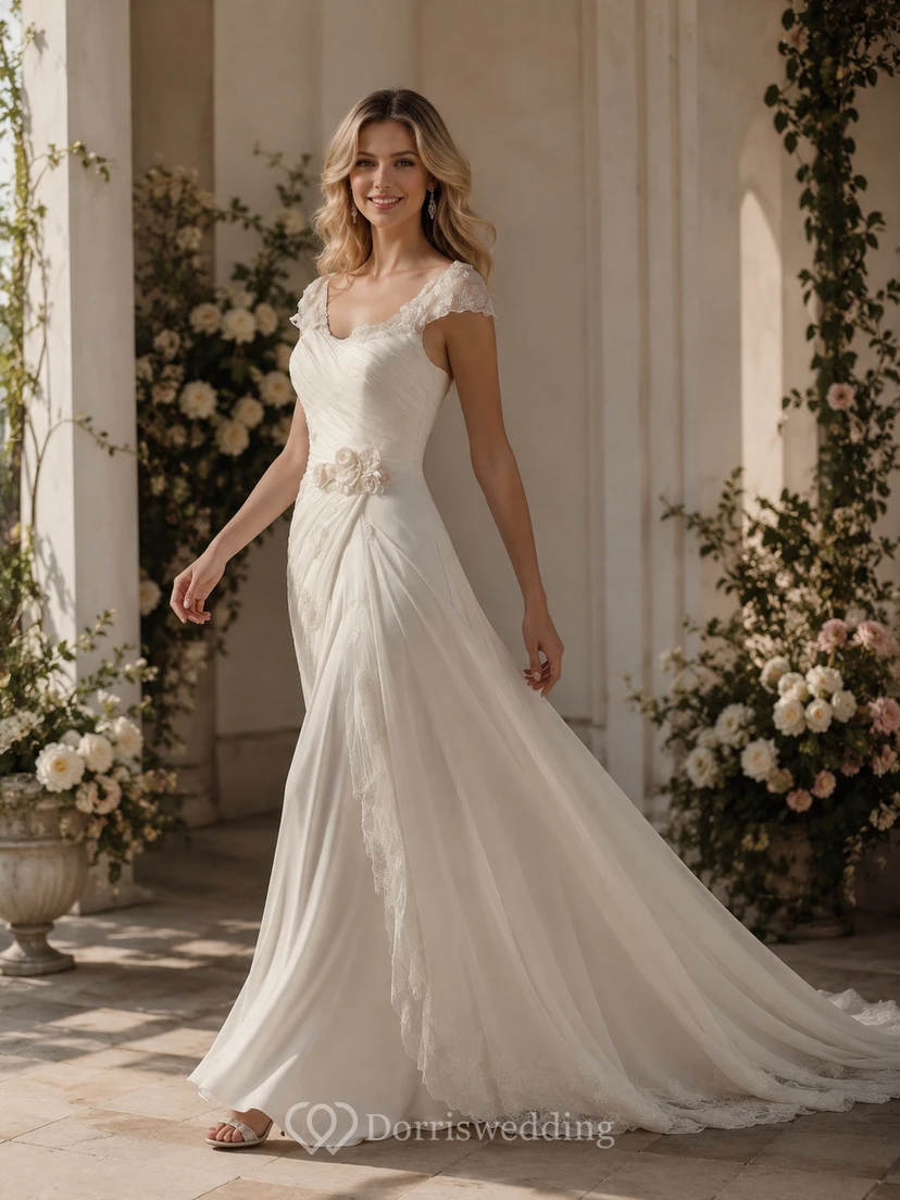 V-neck Cap Empire Chiffon Ruched Draped Wedding Dress with Tiers view 5