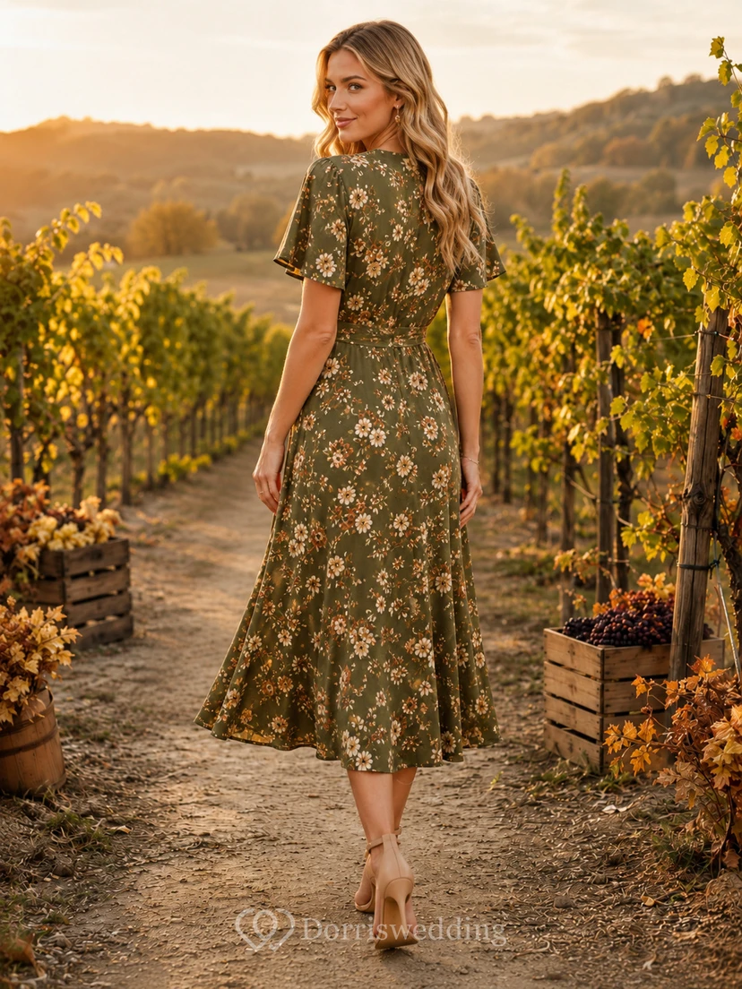 Olive Floral V Neck Short Sleeve Vineyard Midi Dress view 2