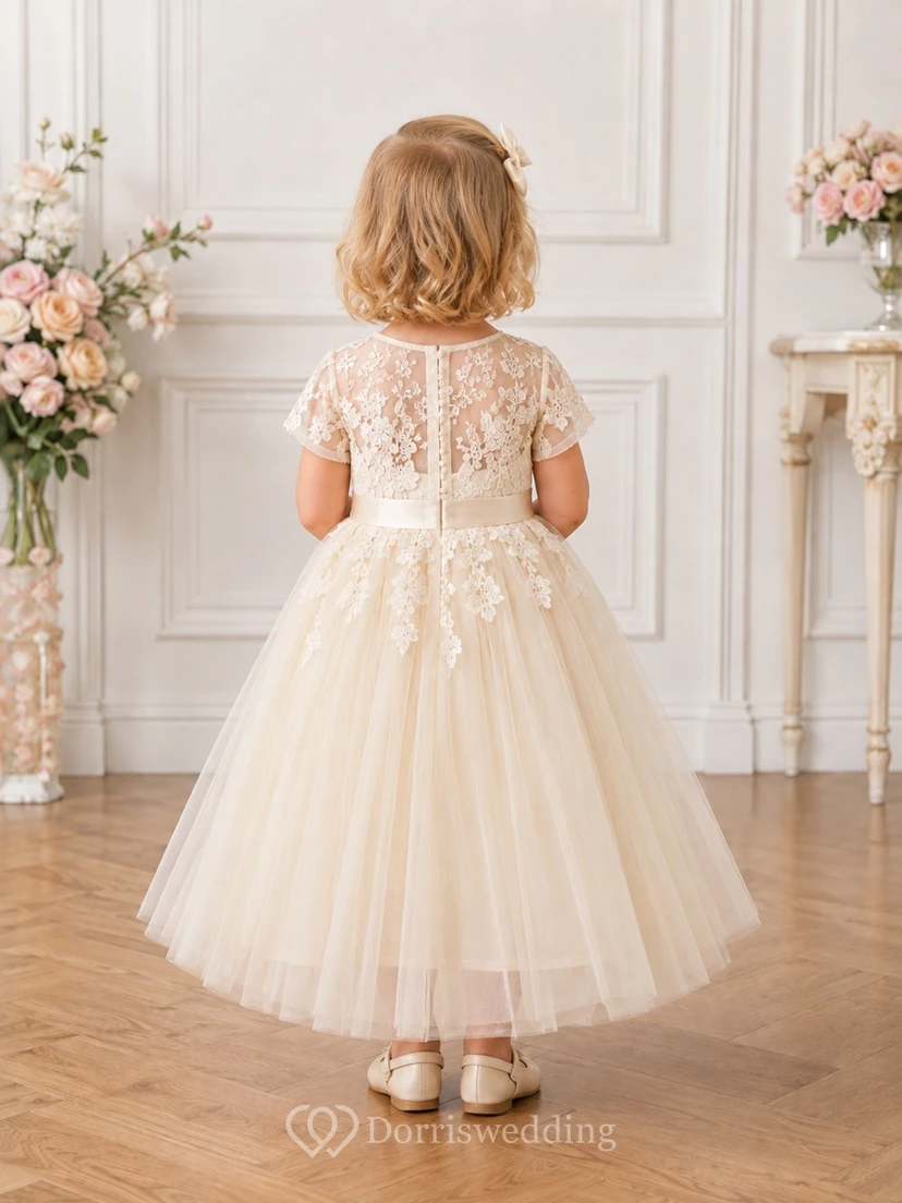 Champagne Scoop Neck Short Sleeve Lace Tulle Tea-Length Flowergirl Dress view 2