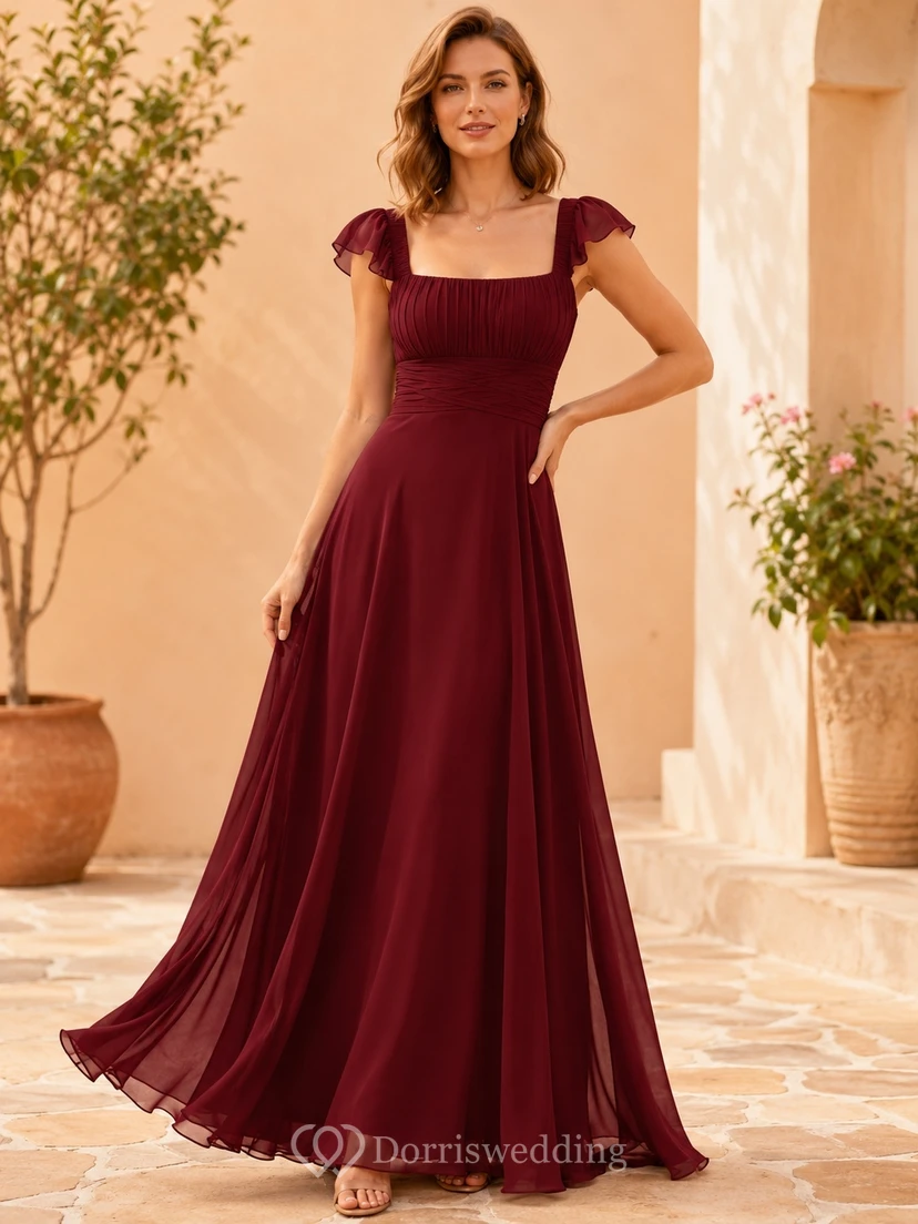 Romantic Burgundy Square Neck Flutter Sleeve Chiffon A-Line Floor-Length Formal Gown