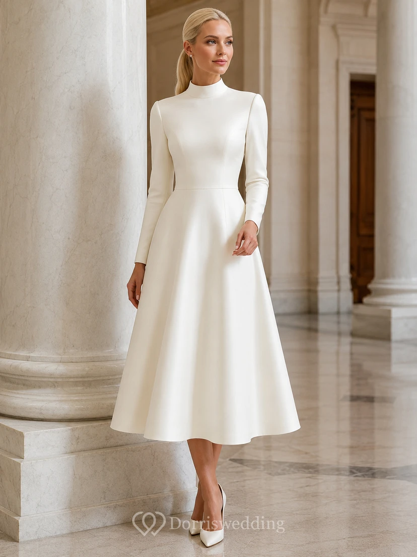 Robe de mariée minimaliste et pudique en satin, coupe trapèze, manches longues, col montant, longueur thé, idéale pour une cérémonie civile.