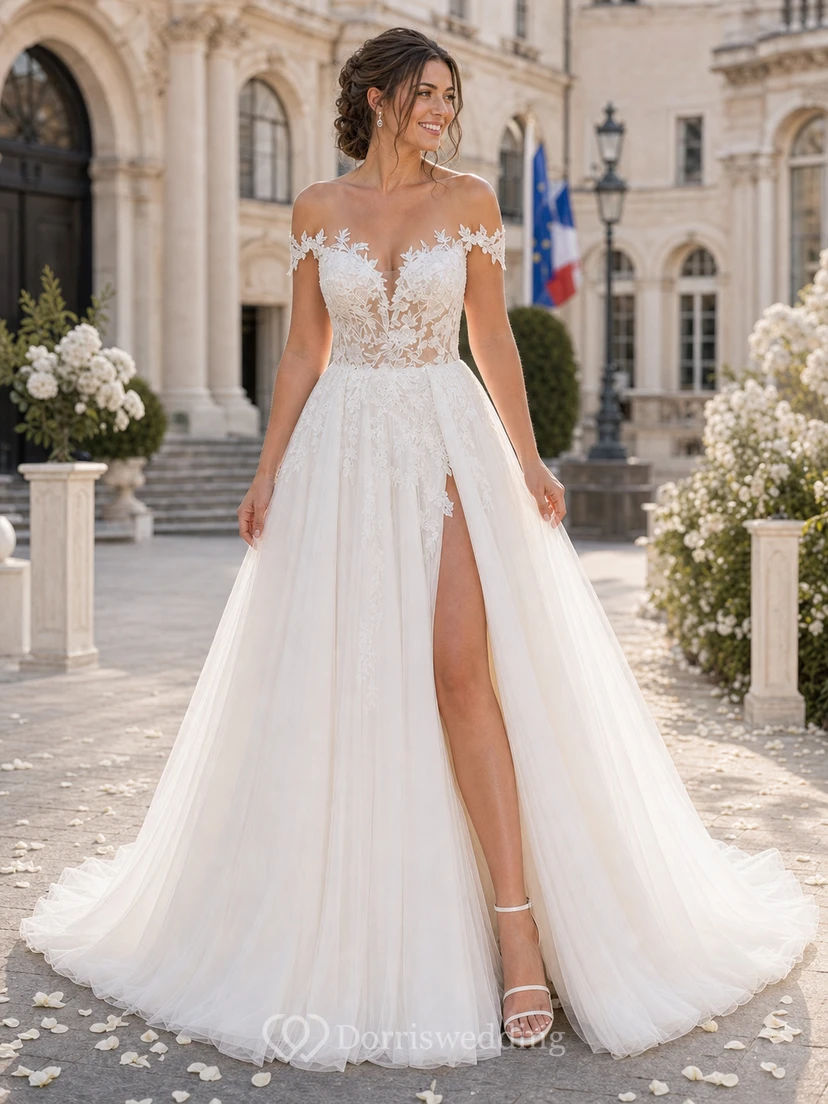 Robe de mariée champêtre en tulle à épaules dénudées et fente haute en dentelle view 11