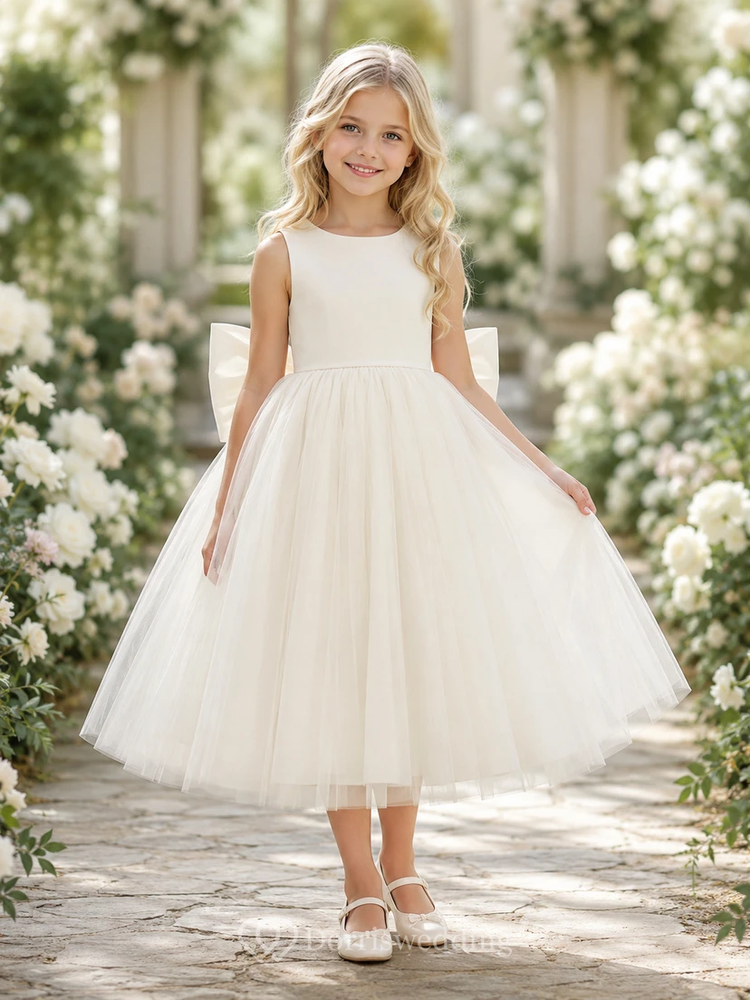 Bow Back Tulle A-Line Flower Girl Dress with Jewel Neck and Tea-Length Skirt