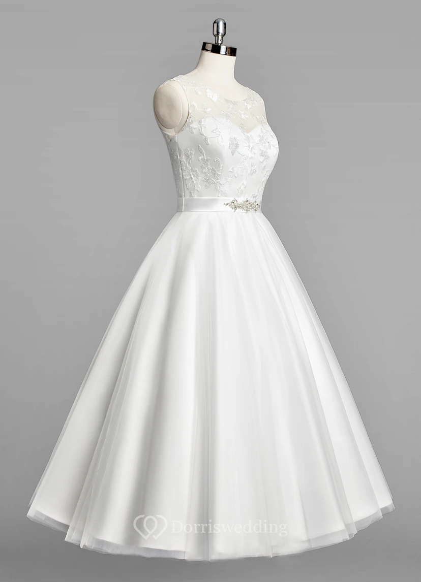 Scoop Neck Sleeveless A-Line Tulle Tea-Length Short Wedding Dress With Beaded Sash