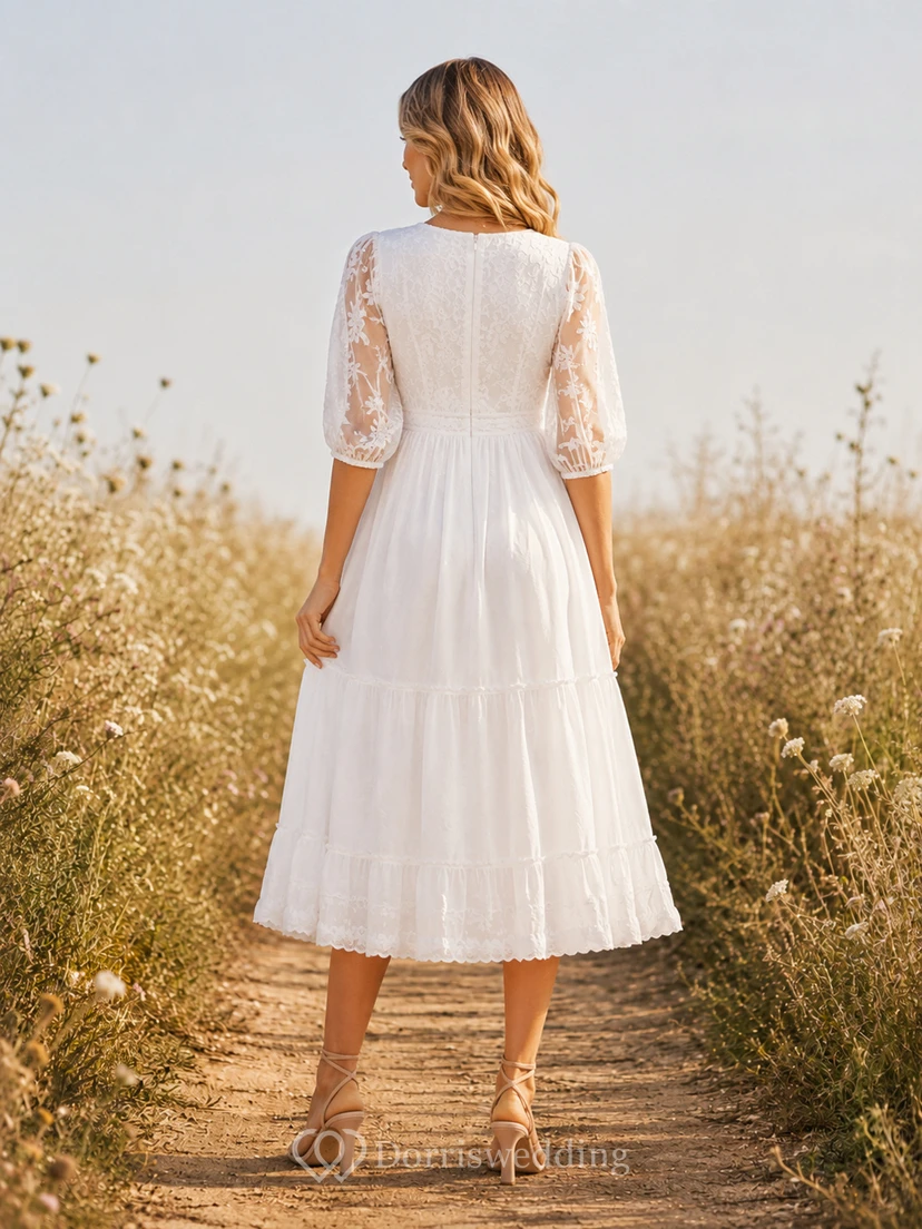 White V-Neck Bell Sleeve Lace Chiffon Bohemian Tea Dress Country view 2