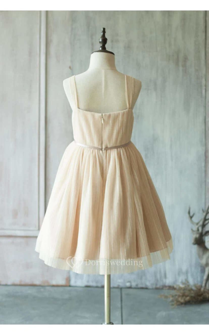 Spaghetti Strap V Neck A-line Pleated Knee Length Tulle Dress With Floral Sash view 4