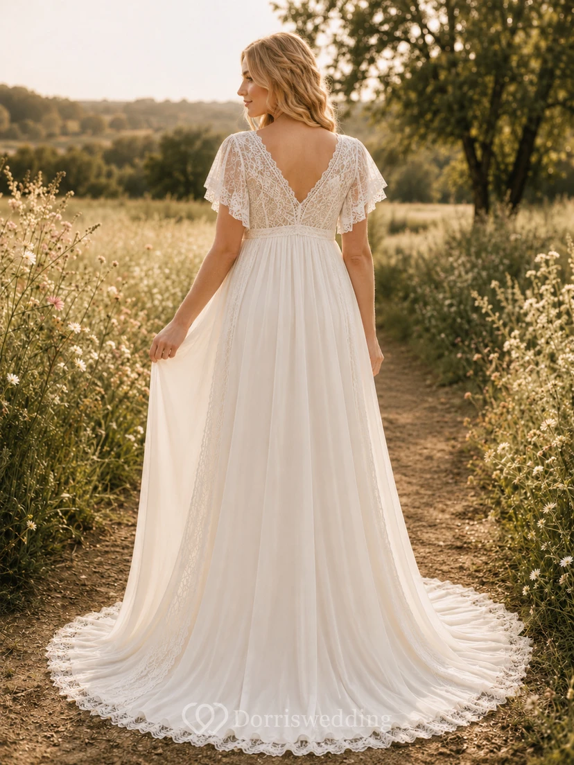 Umstandsbrautkleid mit V-Ausschnitt, flatternden Spitzenärmeln, Landhausstil und Schleppe view 2