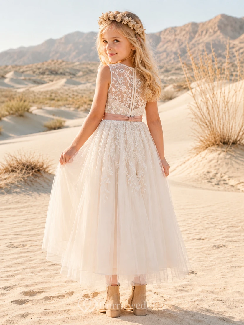 A-Line Flowergirl Lace Tulle Floor-Length Sleeveless Floral Applique Desert Elopement Wedding Dress view 2