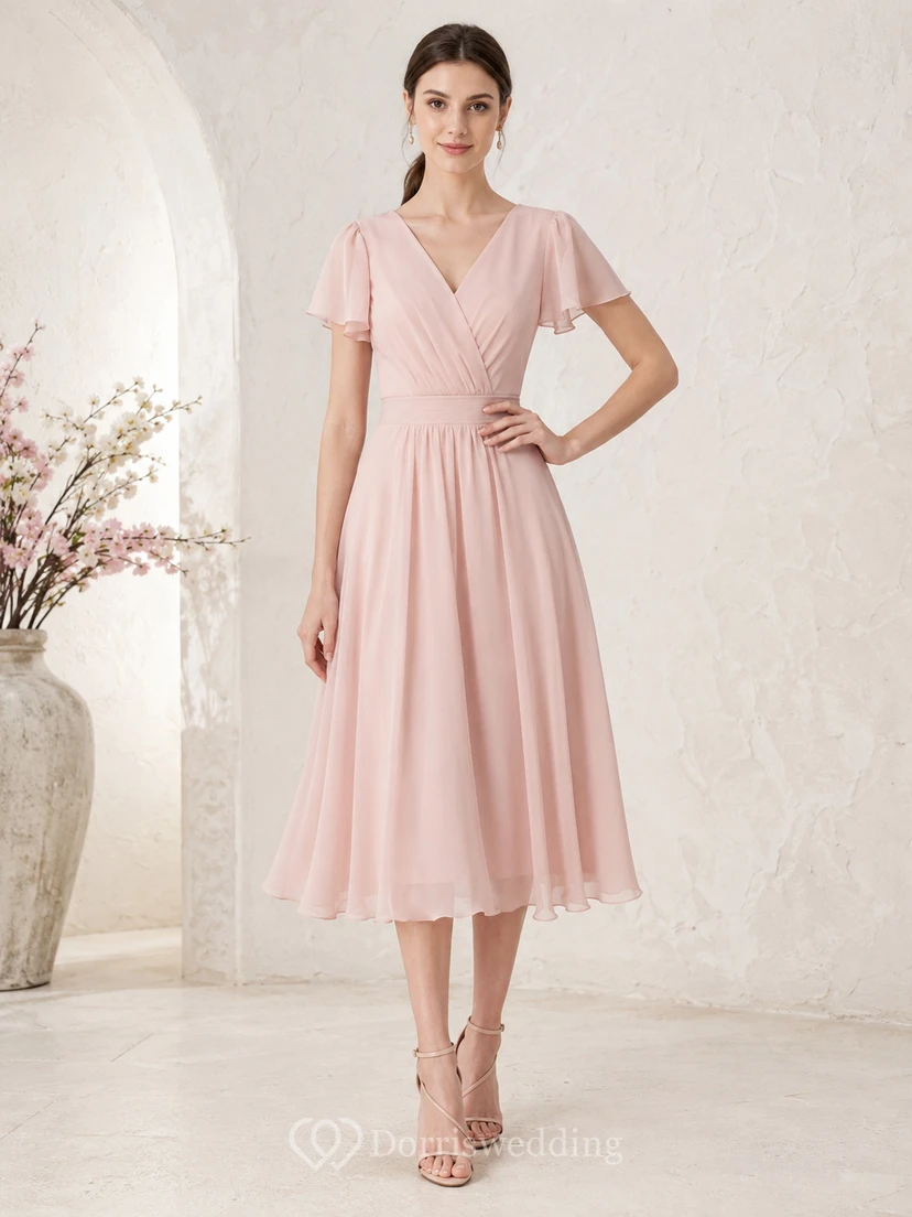 Blush V Neck Flutter Sleeve Chiffon Tea Length Party Dress