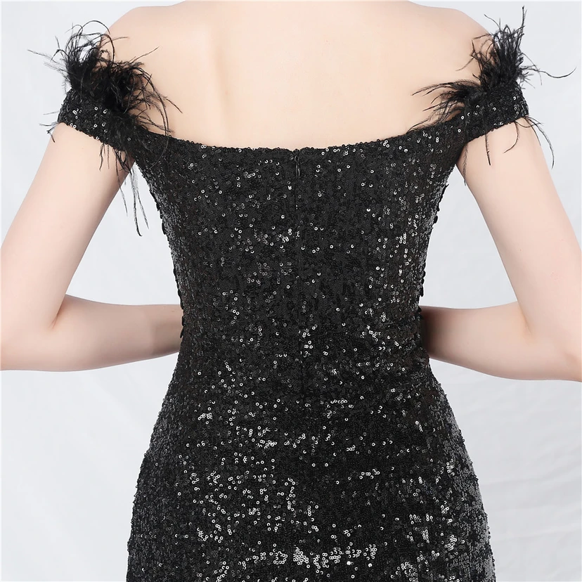 Vestido de noche de alta gama con chaleco de encaje de pelo de avestruz y diamantes, cintura de espina de pescado. view 7