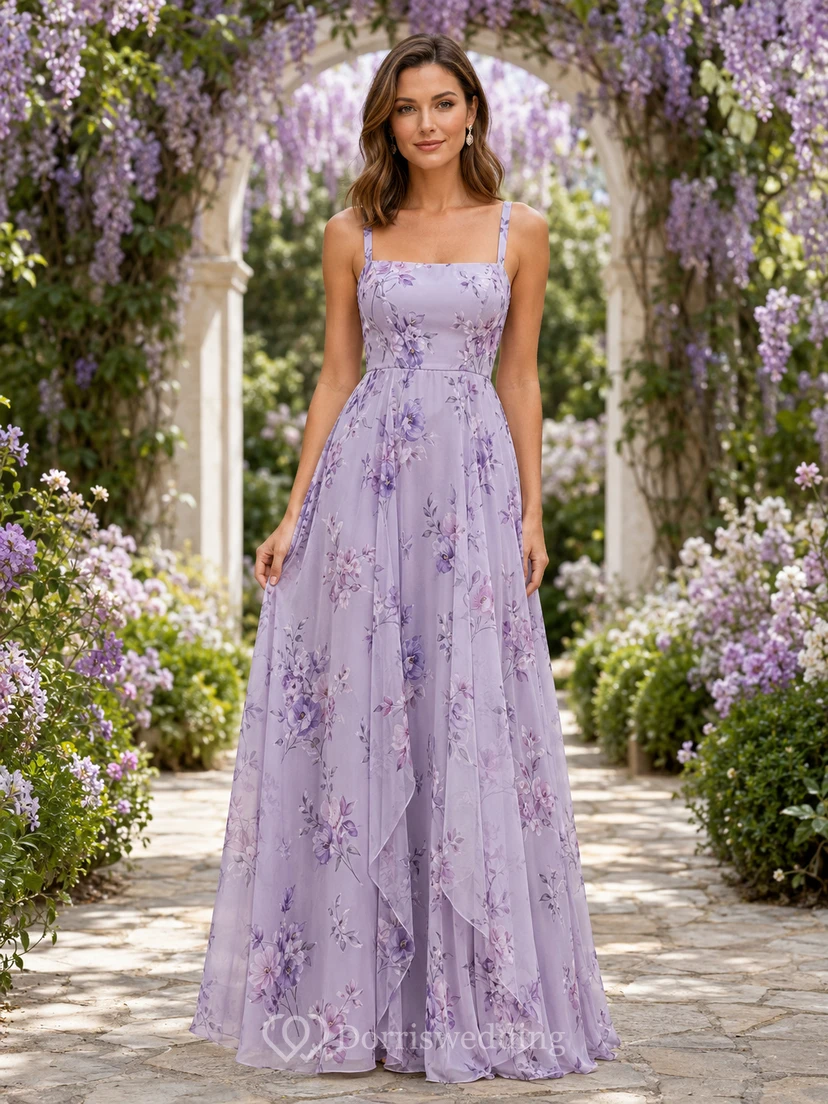 Lavender Floral Garden A-Line Chiffon Bridesmaid Dress with Sleeveless Square Neck Straps Bodice, Floral Embroidered Floor-Length Skirt and Strappy Zipper Back