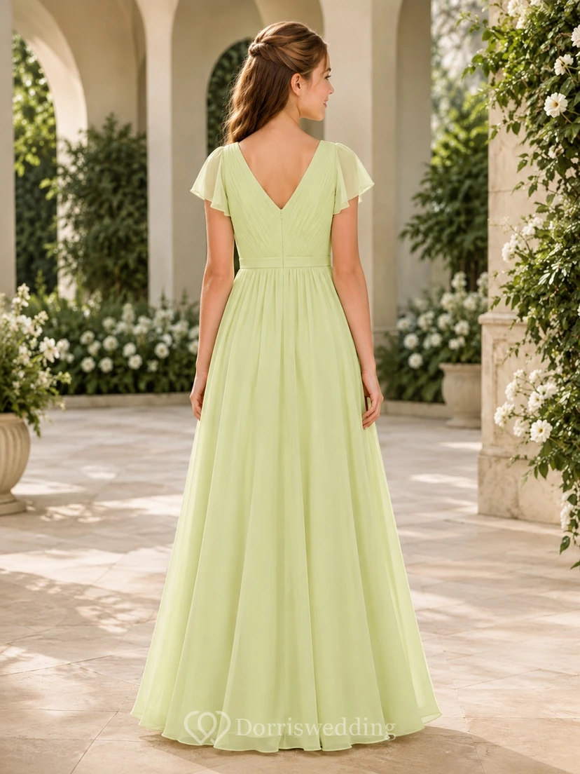 Elegantes, limettengrünes Brautjungfernkleid für junge Frauen, A-Linie, V-Ausschnitt, kurze Blütenblattärmel, Chiffon view 2