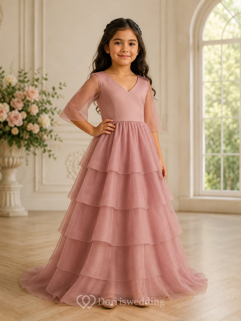 V-neck Illusion Half-sleeve Tiered A-line Flowergirl Dress with Sweep Train view 7