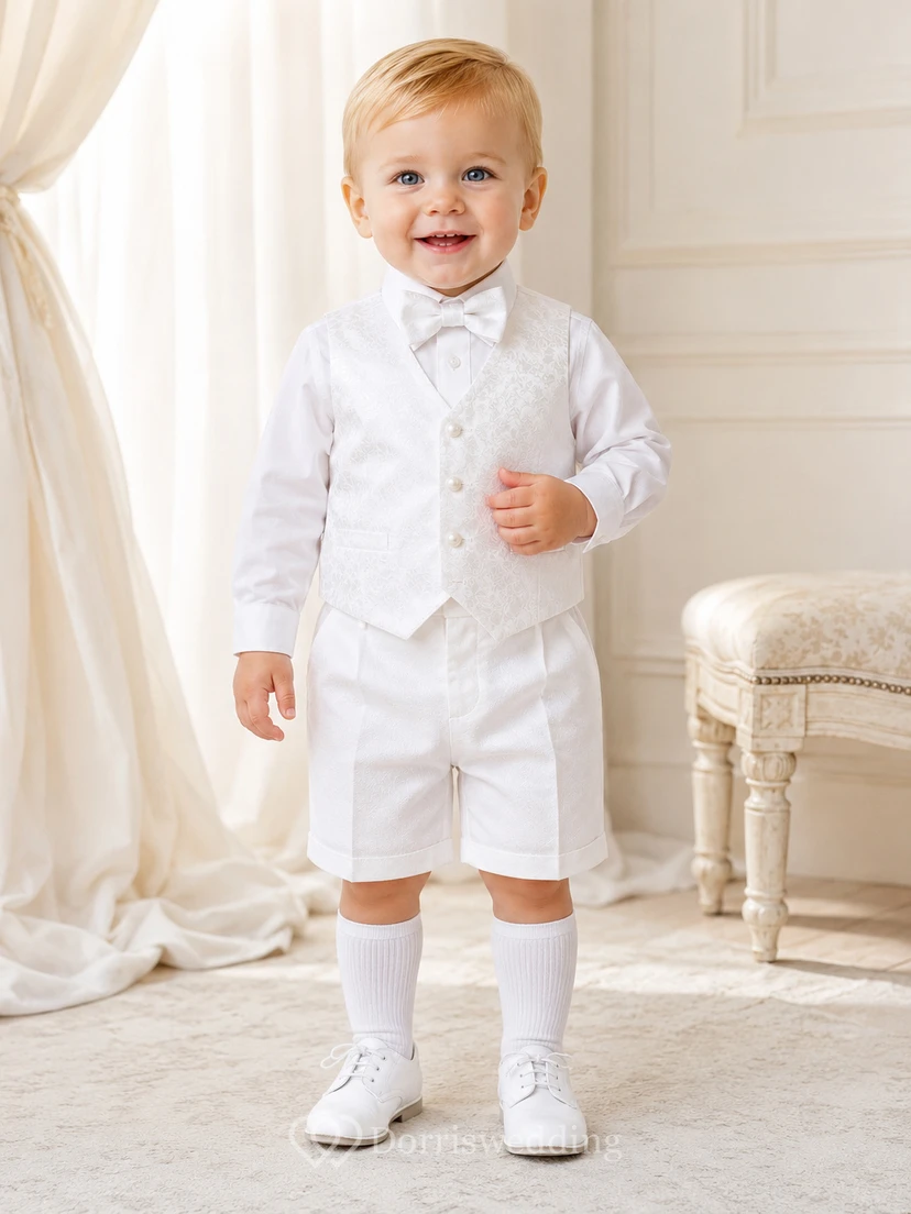 White Formal Vest Bow Tie Short Christening Suit Set for Baby Boy