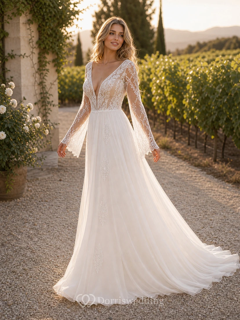 Bohemianisches A-Linien-Brautkleid aus Tüll, bodenlang, langärmelig, rückenfrei und gerafft view 5