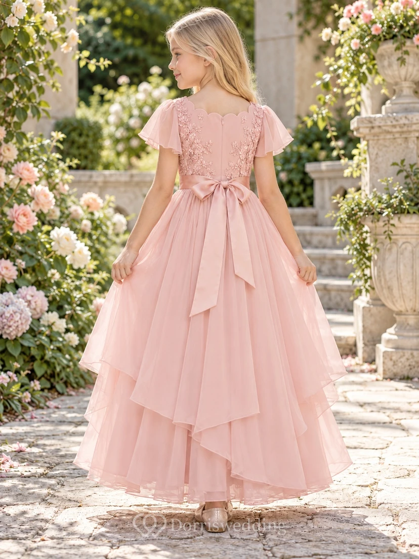 Rosafarbenes Blumenmädchenkleid mit geschwungenen, flatternden Ärmeln und Schleifen aus mehrlagigem Tüll view 2