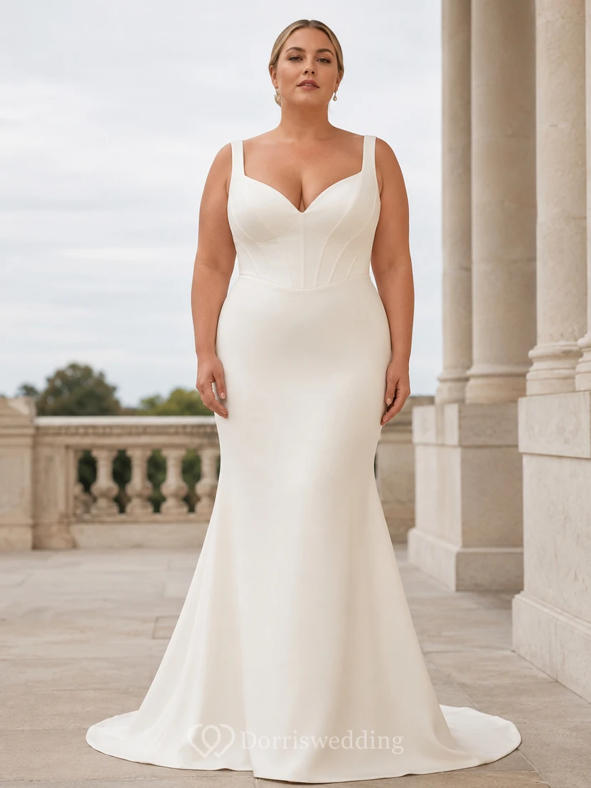 Robe de mariée sirène en satin à bretelles larges et col en V, grande taille, boutonnée sur le devant
