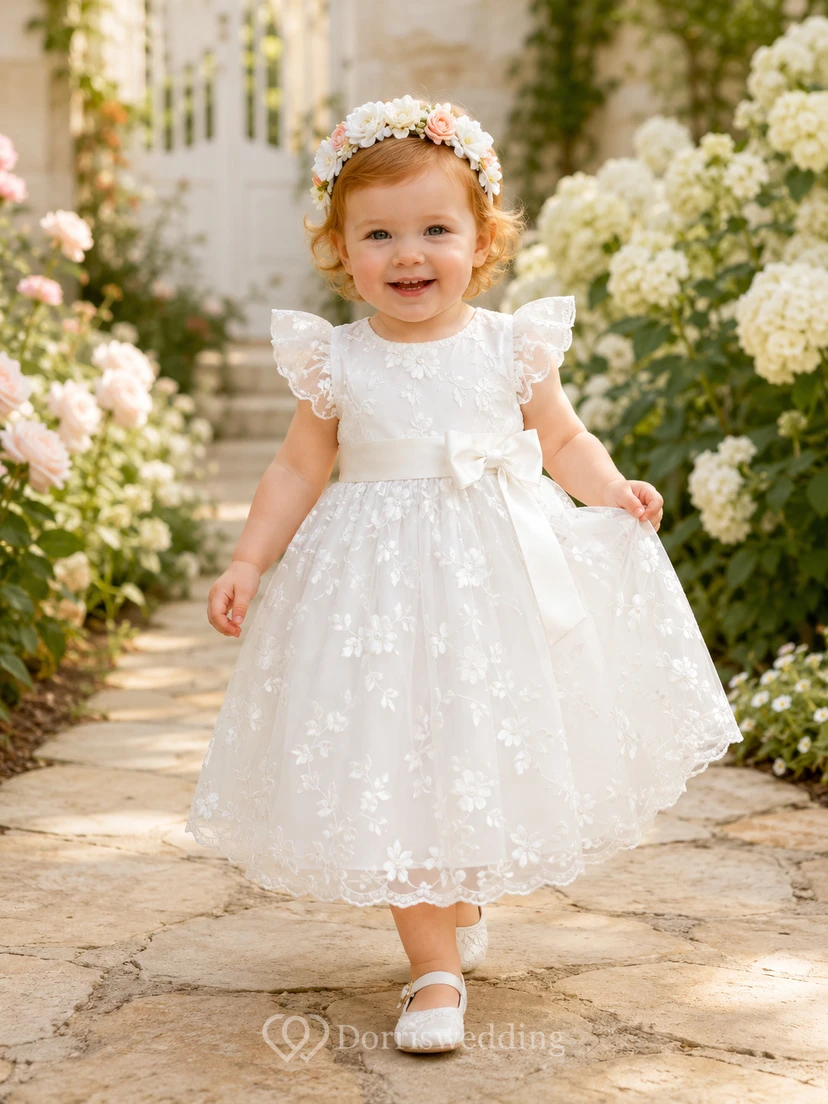 Taufkleid für Babys und die Taufzeremonie, A-Linie, Teelänge, Rundhalsausschnitt, Puffärmel, Tüllspitze, florale Details, Schleife am Rücken, Knopfleiste am Rücken