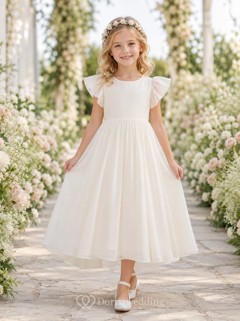 Elegant Romantic Chiffon Jewel Neck Petal Sleeve Tea-Length A-Line Garden Flower Girl Dress