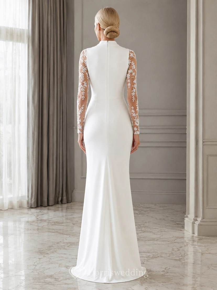 Modest White High Neck Lace Long Sleeve Satin Mermaid Floor-Length Gown view 2