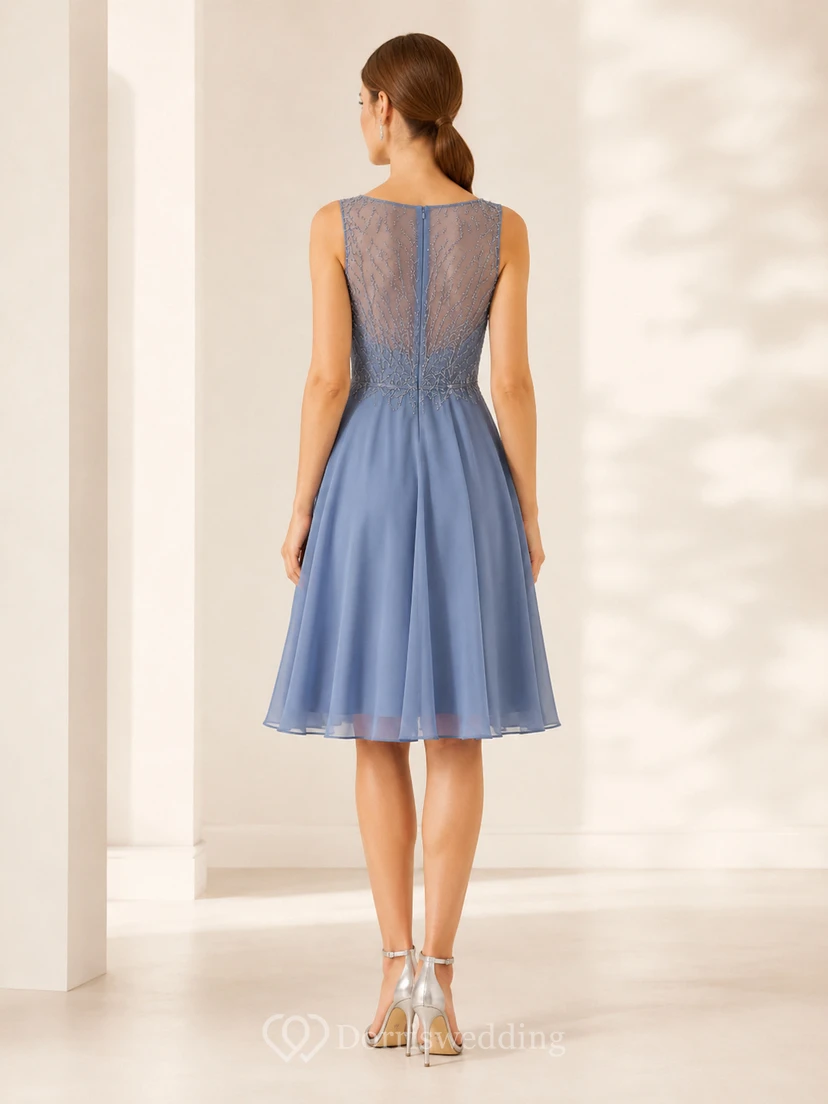 Vestido de cóctel de gasa azul acero con escote ilusión y corte en A view 2