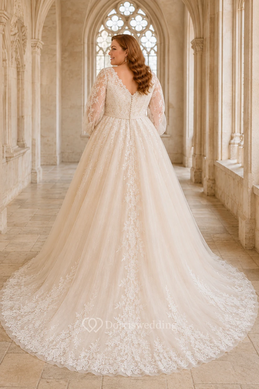 Vestido de novia de gala de encaje con mangas largas y talla grande view 2