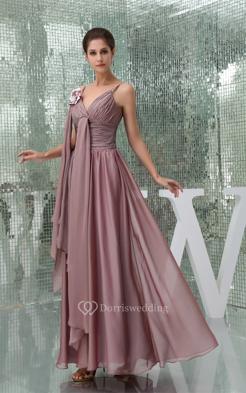 Spaghetti Straps Side Draping Ankle Length Ruched Gown With Ruffles and Flower view 2