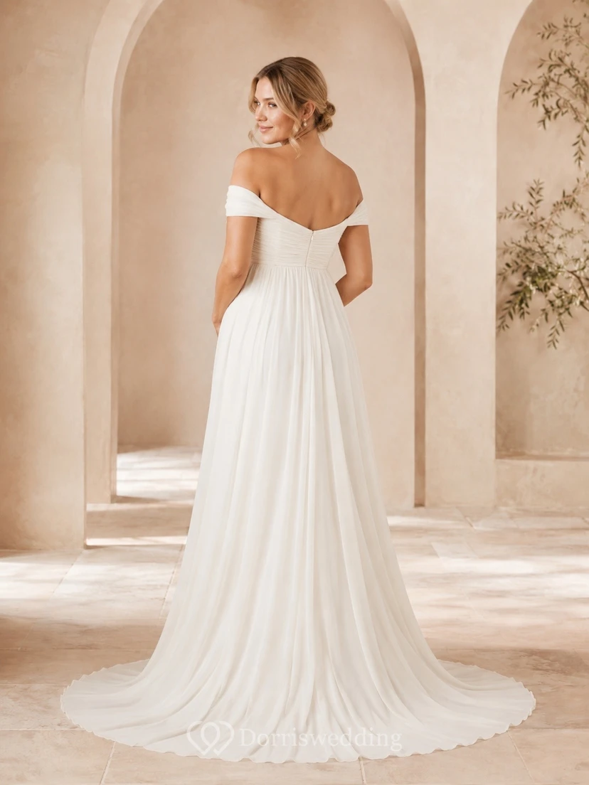 Vestido de novia sencillo de gasa con escote de hombros descubiertos y corte en A hasta el suelo view 2