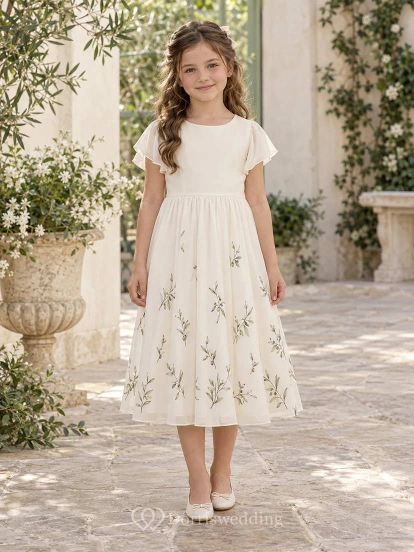 Schlichtes, dezentes cremefarbenes, teelanges Chiffonkleid mit juwelenfarbenem, transparentem Volantärmeln und olivgrünem Sprenkelmuster – ein echtes Blumenmädchenkleid in A-Linie