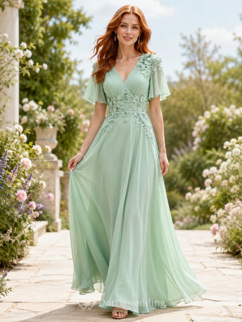 Mint Green V-Neck Flutter Sleeve Floral Chiffon A-Line Floor-Length Gown