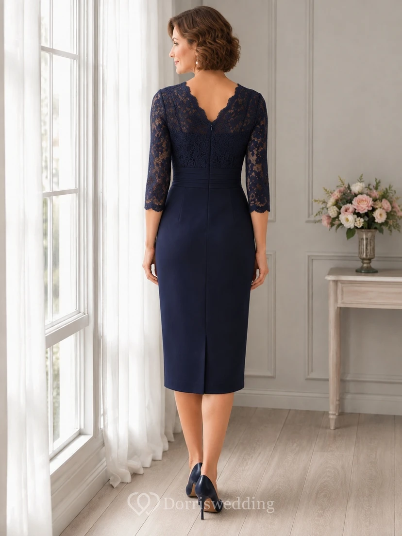 Modest Dark Navy Scalloped Three-Quarter Sleeve Lace Sheath Knee-Length Guest Dress view 2