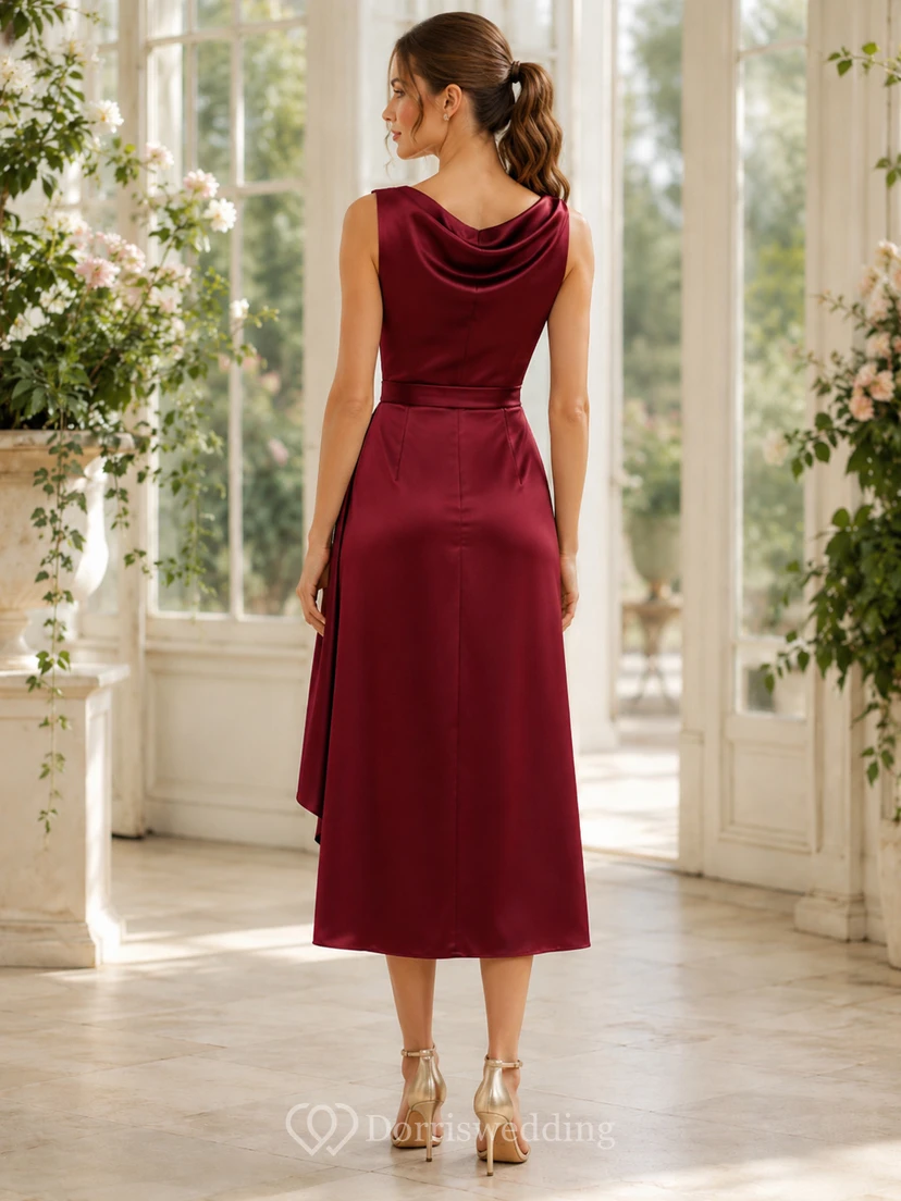 Claret Cowl Neck Draped Satin A-Line Tea-Length Wedding Guest Dress view 2