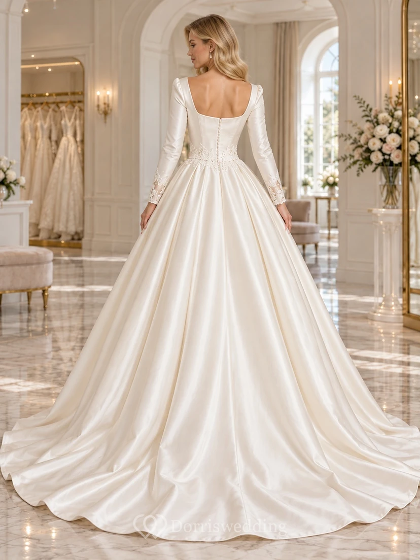 Square Neck Long Sleeve Satin Full Ball Gown Wedding Dress view 2