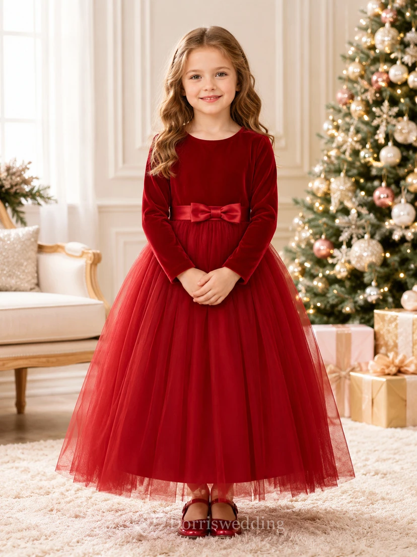 Red Velvet Long Sleeve Tulle Tea-Length A-Line Bow Winter Flower Girl Dress