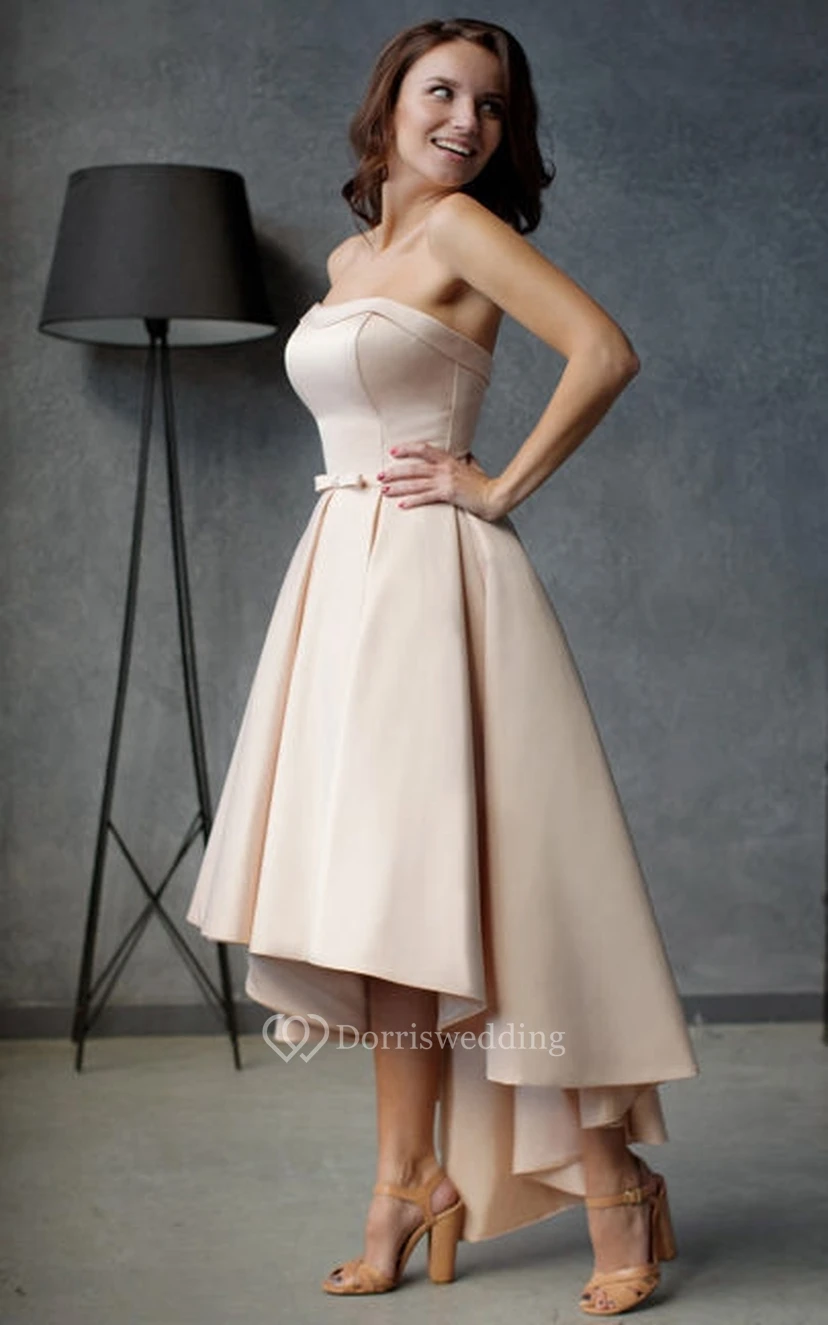 A-Line High-Low Strapless Sleeveless Satin Pleats Ruffles Zipper Dress view 2