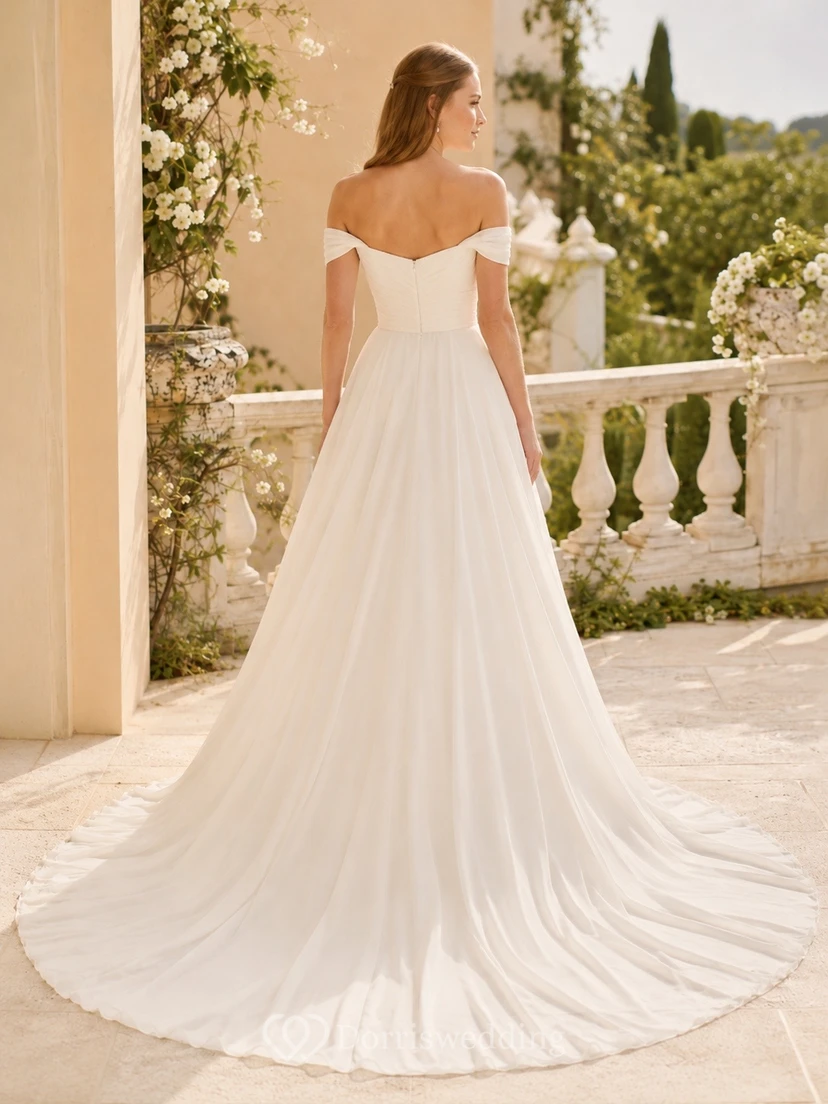 Romantic Bridal Chiffon Off-the-shoulder Short Sleeve A-Line Sweep Train Gown view 2