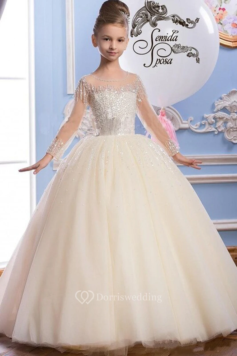 Ball Gown Tulle Scoop Illusion Sleeve Beading Flower Girl First Communion Dress